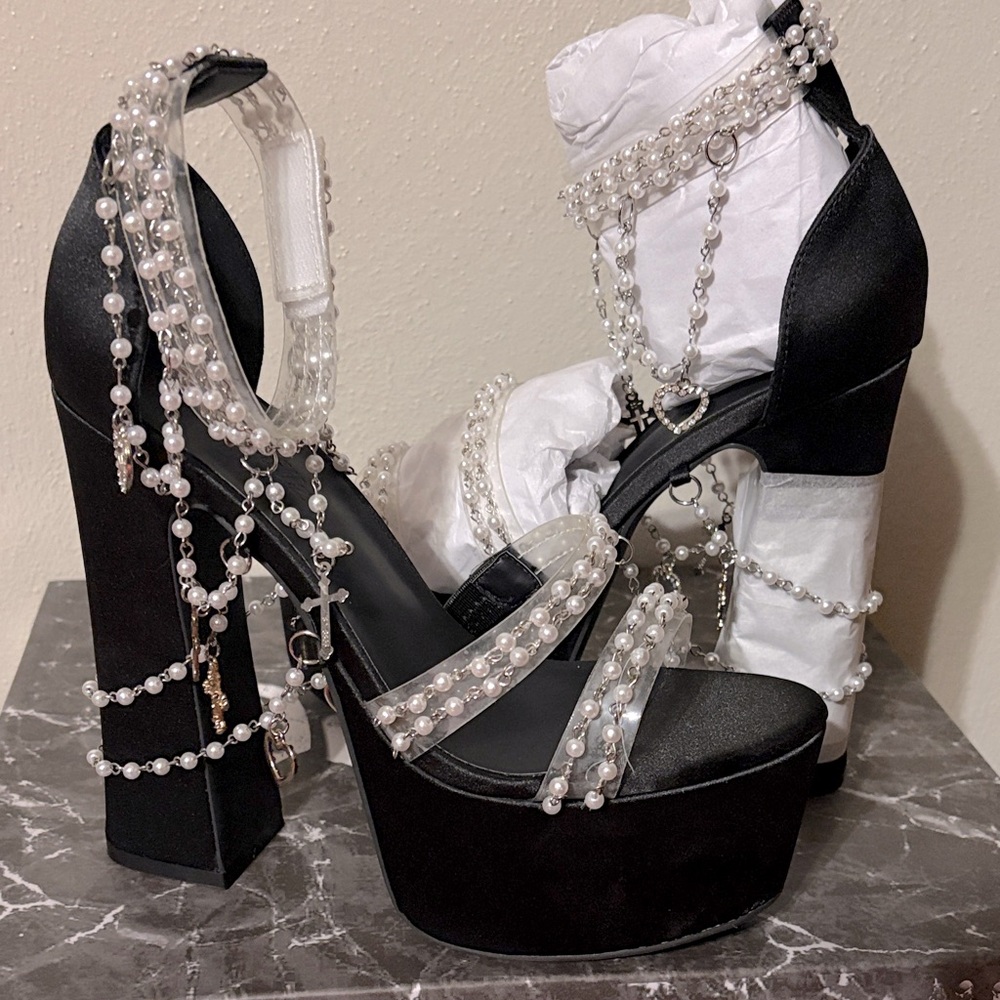 Sugar Thrillz Black Pearl-Embellished Platform Heels with Ankle Charms